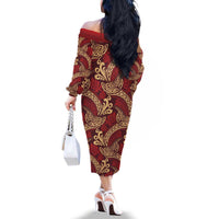 Luxury Red Monstera Family Matching Off The Shoulder Long Sleeve Dress and Hawaiian Shirt Polynesian Tribal Pattern - Polynesian Pride