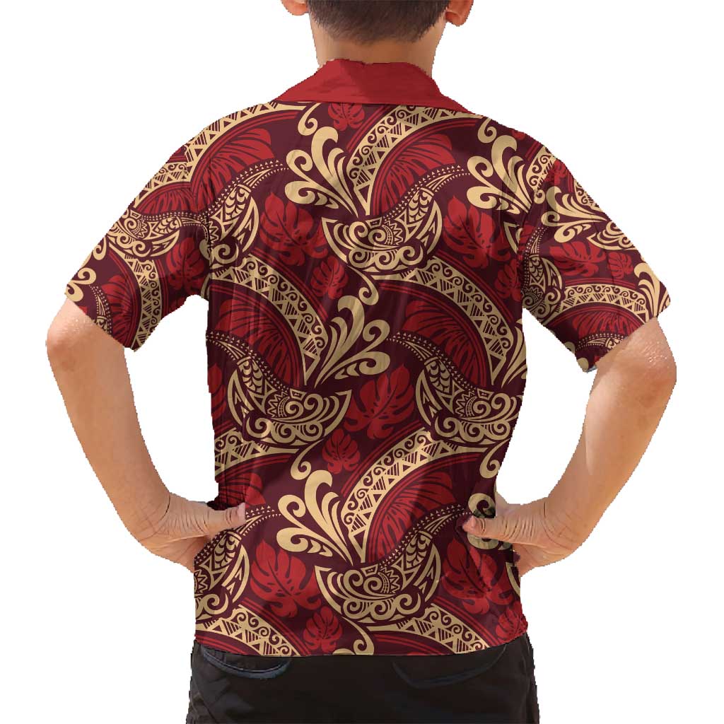 Luxury Red Monstera Family Matching Off Shoulder Maxi Dress and Hawaiian Shirt Polynesian Tribal Pattern LT01 - Polynesian Pride