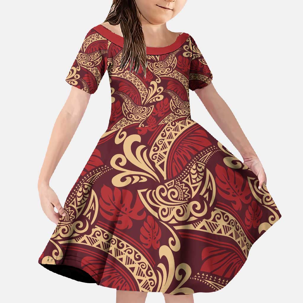Luxury Red Monstera Family Matching Off Shoulder Maxi Dress and Hawaiian Shirt Polynesian Tribal Pattern LT01 Daughter's Dress Red - Polynesian Pride