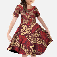 Luxury Red Monstera Family Matching Off Shoulder Maxi Dress and Hawaiian Shirt Polynesian Tribal Pattern LT01 Daughter's Dress Red - Polynesian Pride