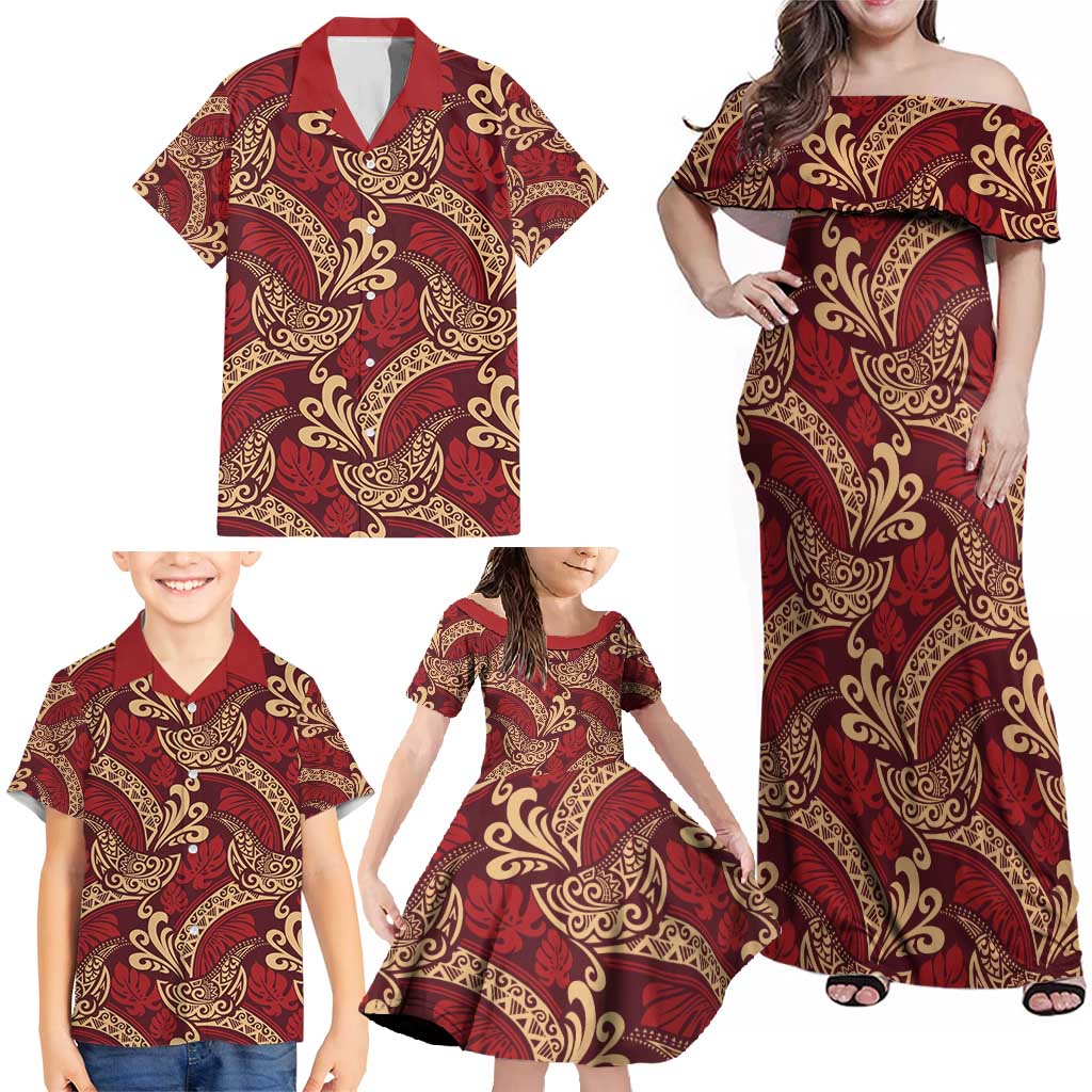 Luxury Red Monstera Family Matching Off Shoulder Maxi Dress and Hawaiian Shirt Polynesian Tribal Pattern LT01 - Polynesian Pride