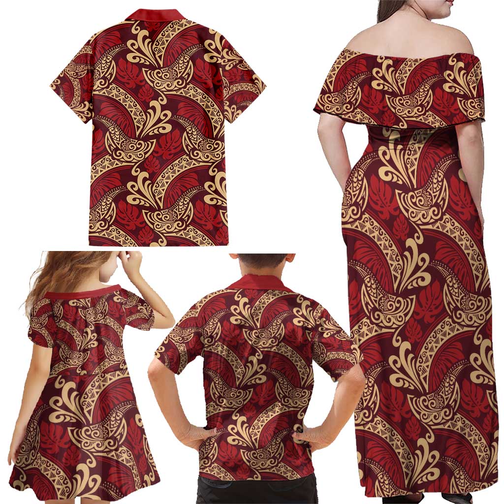 Luxury Red Monstera Family Matching Off Shoulder Maxi Dress and Hawaiian Shirt Polynesian Tribal Pattern LT01 - Polynesian Pride