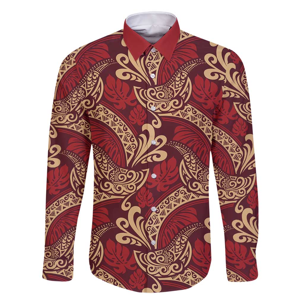 Luxury Red Monstera Family Matching Off Shoulder Maxi Dress and Hawaiian Shirt Polynesian Tribal Pattern LT01 Dad's Shirt - Long Sleeve Red - Polynesian Pride