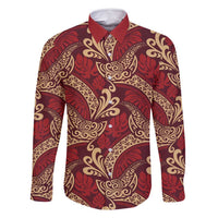 Luxury Red Monstera Family Matching Off Shoulder Maxi Dress and Hawaiian Shirt Polynesian Tribal Pattern LT01 Dad's Shirt - Long Sleeve Red - Polynesian Pride