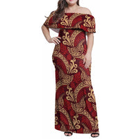 Luxury Red Monstera Family Matching Off Shoulder Maxi Dress and Hawaiian Shirt Polynesian Tribal Pattern LT01 Mom's Dress Red - Polynesian Pride