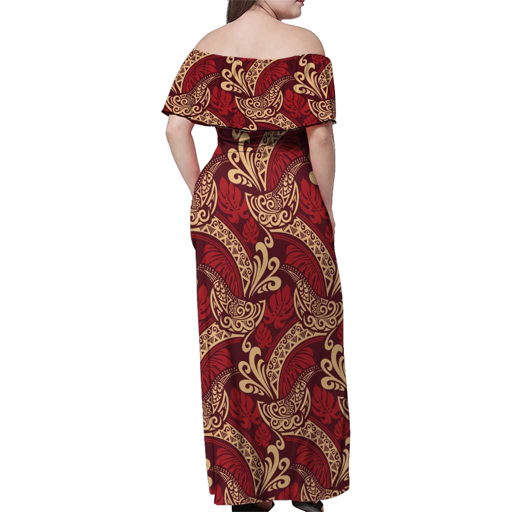 Luxury Red Monstera Family Matching Off Shoulder Maxi Dress and Hawaiian Shirt Polynesian Tribal Pattern LT01 - Polynesian Pride