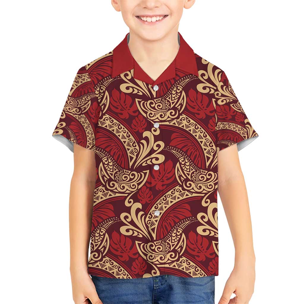 Luxury Red Monstera Family Matching Off Shoulder Maxi Dress and Hawaiian Shirt Polynesian Tribal Pattern LT01 Son's Shirt Red - Polynesian Pride