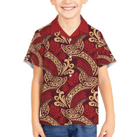 Luxury Red Monstera Family Matching Off Shoulder Maxi Dress and Hawaiian Shirt Polynesian Tribal Pattern LT01 Son's Shirt Red - Polynesian Pride