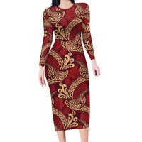 Luxury Red Monstera Long Sleeve Bodycon Dress Polynesian Tribal Pattern - Polynesian Pride