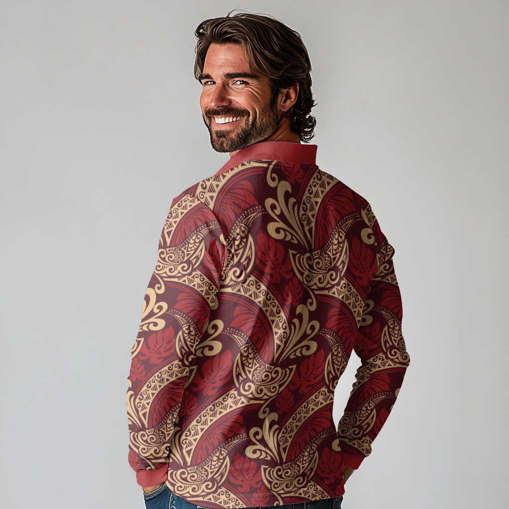 Luxury Red Monstera Long Sleeve Polo Shirt Polynesian Tribal Pattern - Polynesian Pride