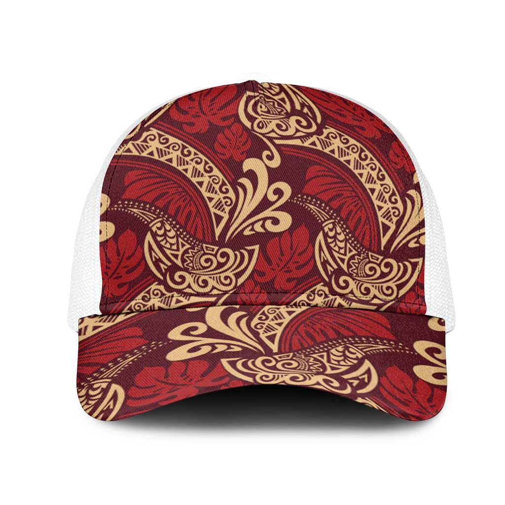 Luxury Red Monstera Mesh Trucker Cap Polynesian Tribal Pattern - Polynesian Pride
