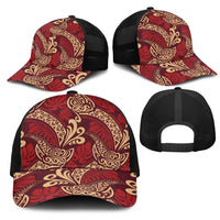 Luxury Red Monstera Mesh Trucker Cap Polynesian Tribal Pattern - Polynesian Pride