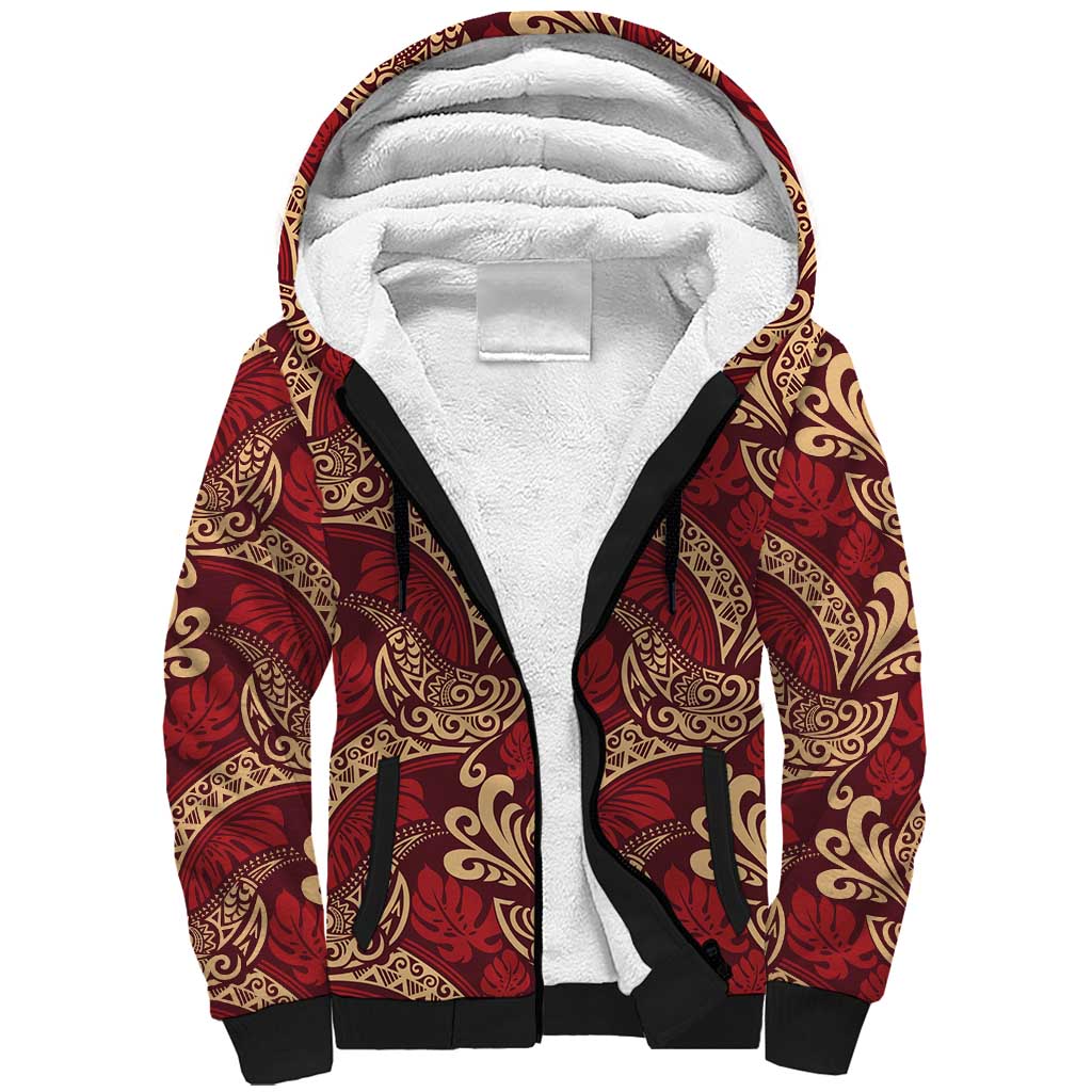Luxury Red Monstera Sherpa Hoodie Polynesian Tribal Pattern LT01 Unisex Red - Polynesian Pride