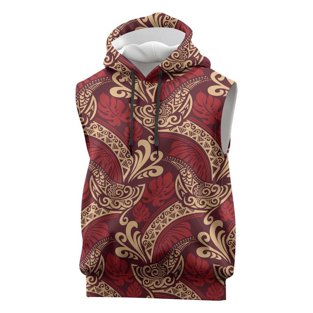 Luxury Red Monstera Sleeveless Hoodie Polynesian Tribal Pattern LT01 Red - Polynesian Pride