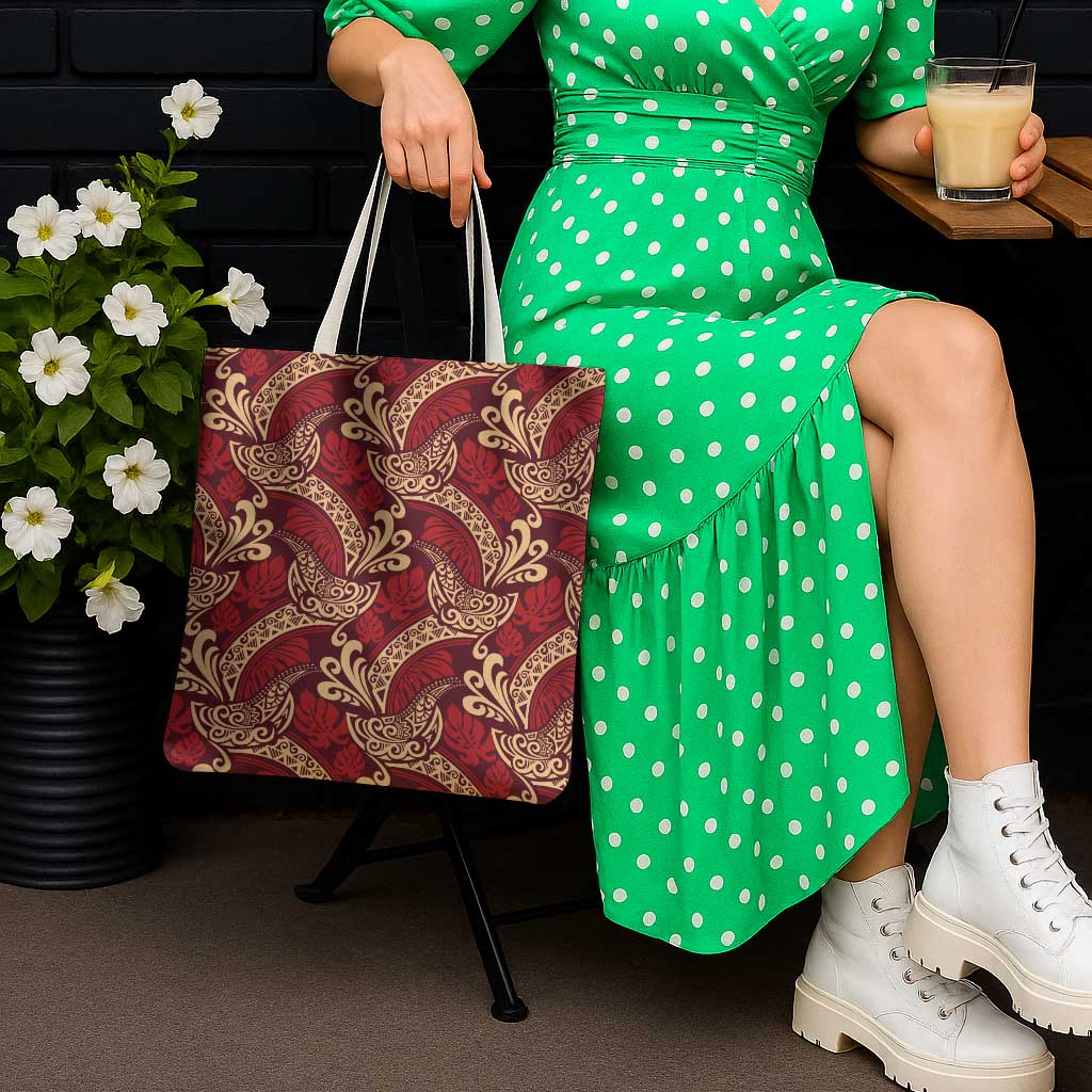Luxury Red Monstera Tote Bag Polynesian Tribal Pattern - Polynesian Pride
