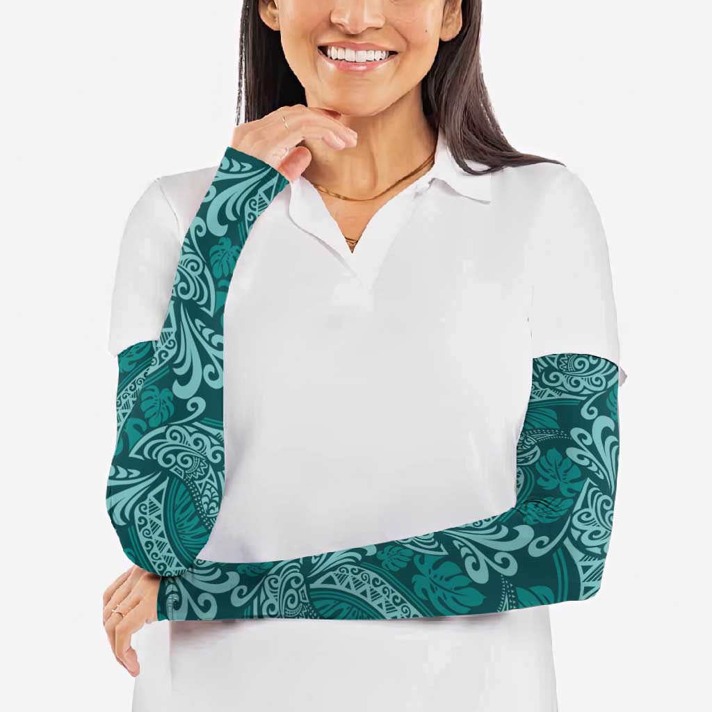 Teal Monstera Arm Sleeves Polynesian Tribal Pattern - Polynesian Pride