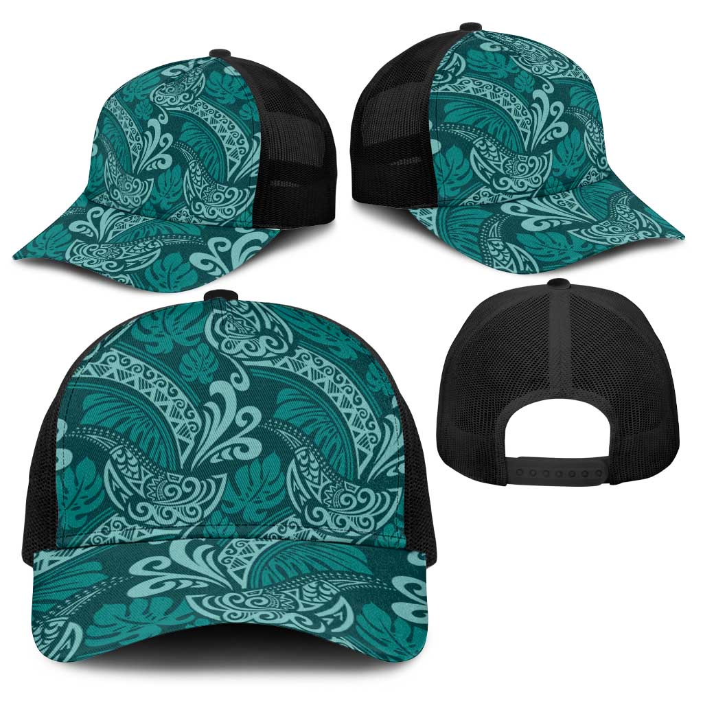Teal Monstera Baseball Net Cap Polynesian Tribal Pattern - Polynesian Pride