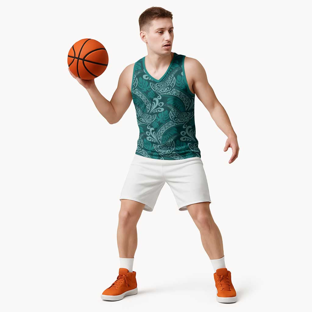 Teal Monstera Basketball Jersey Polynesian Tribal Pattern - Polynesian Pride