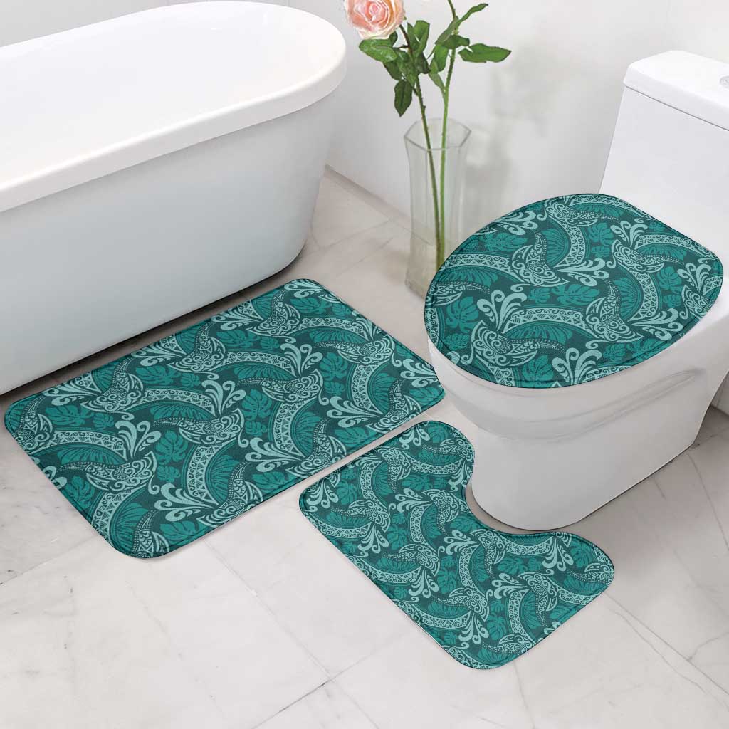 Teal Monstera Bathroom Set Polynesian Tribal Pattern - Polynesian Pride