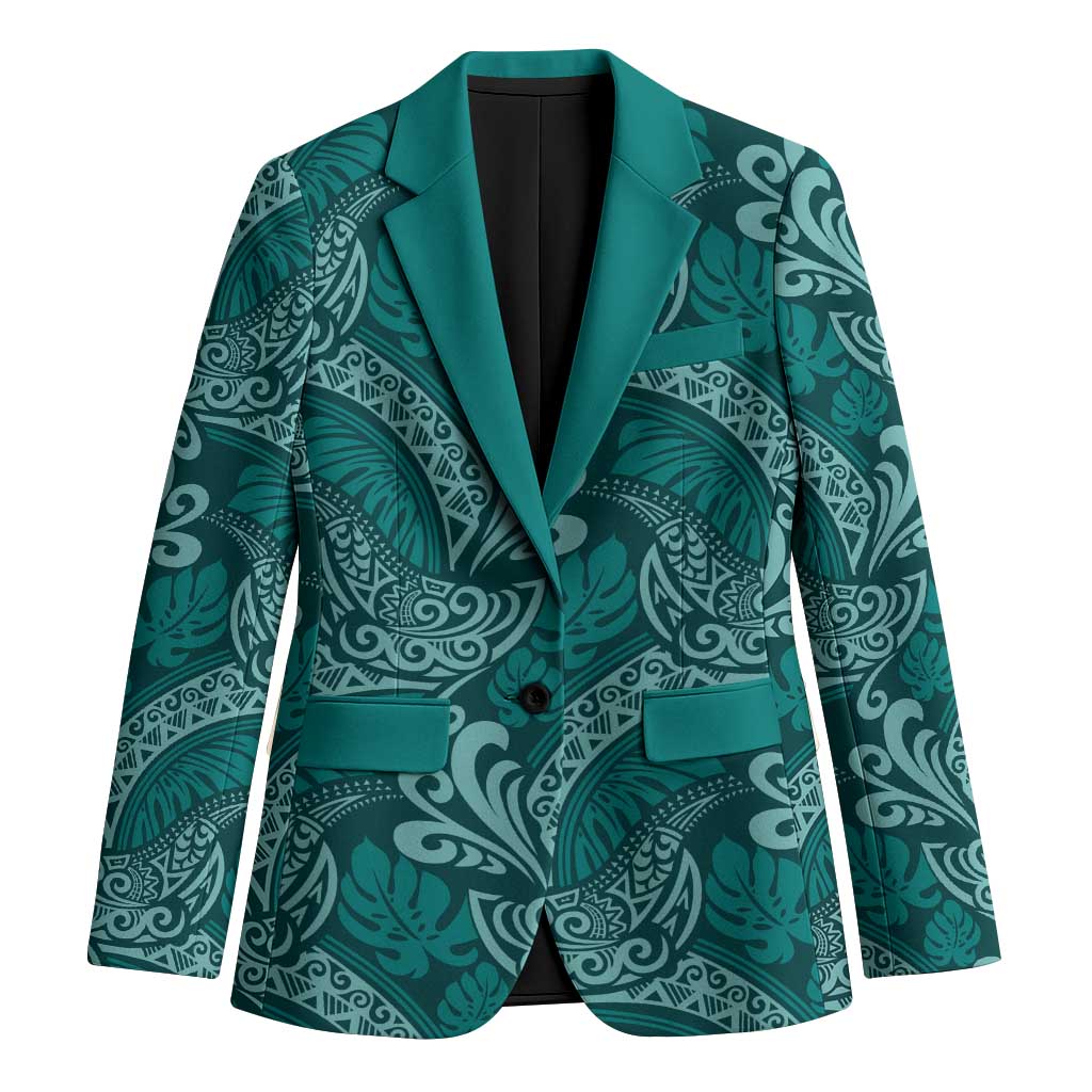 Teal Monstera Blazer Polynesian Tribal Pattern LT01 Unisex Teal - Polynesian Pride