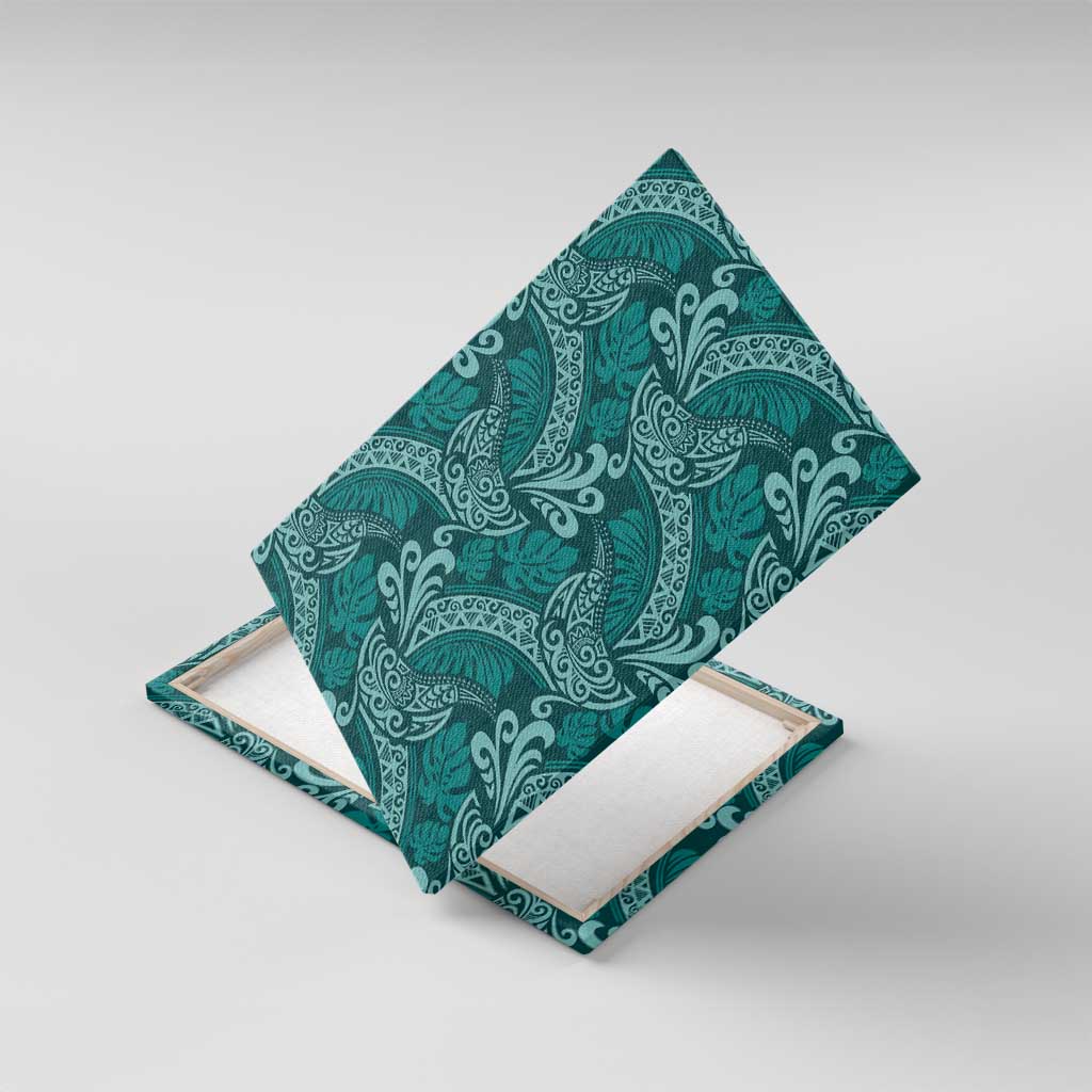 Teal Monstera Canvas Wall Art Polynesian Tribal Pattern - Polynesian Pride