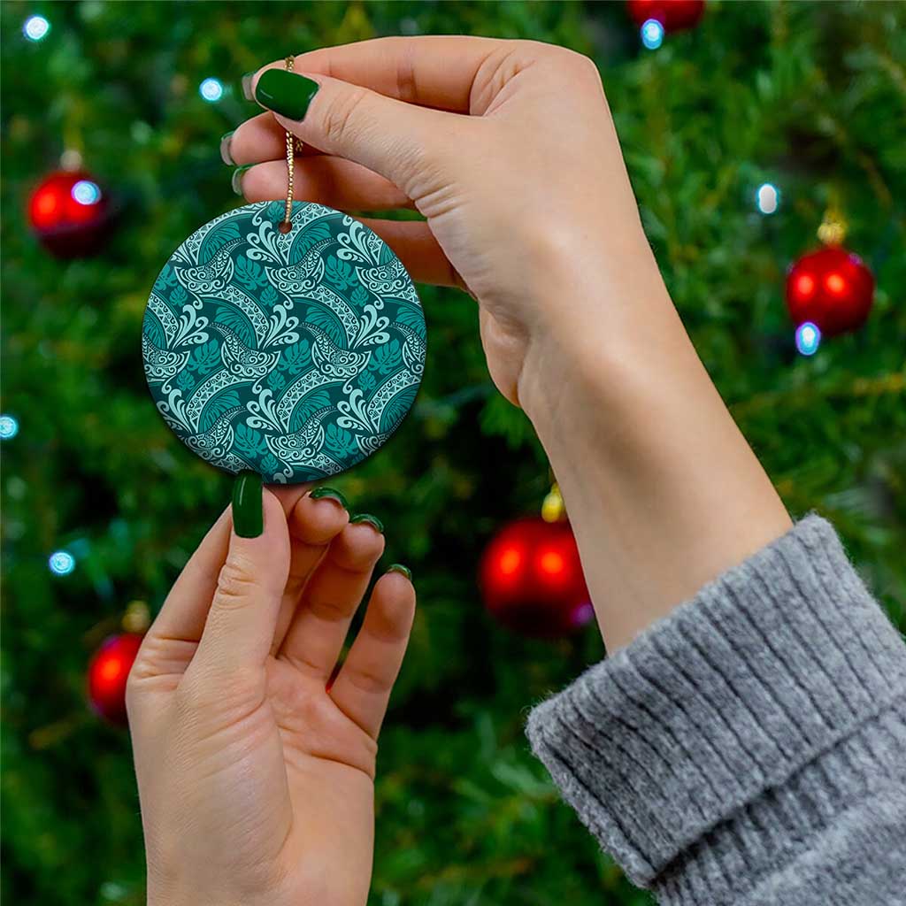 Teal Monstera Ceramic Ornament Polynesian Tribal Pattern - Polynesian Pride