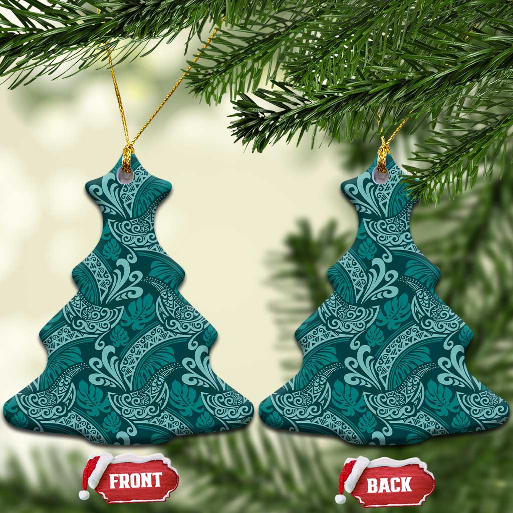 Teal Monstera Ceramic Ornament Polynesian Tribal Pattern - Polynesian Pride