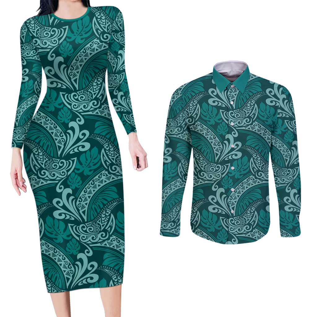 Teal Monstera Couples Matching Long Sleeve Bodycon Dress and Long Sleeve Button Shirt Polynesian Tribal Pattern LT01 Teal - Polynesian Pride