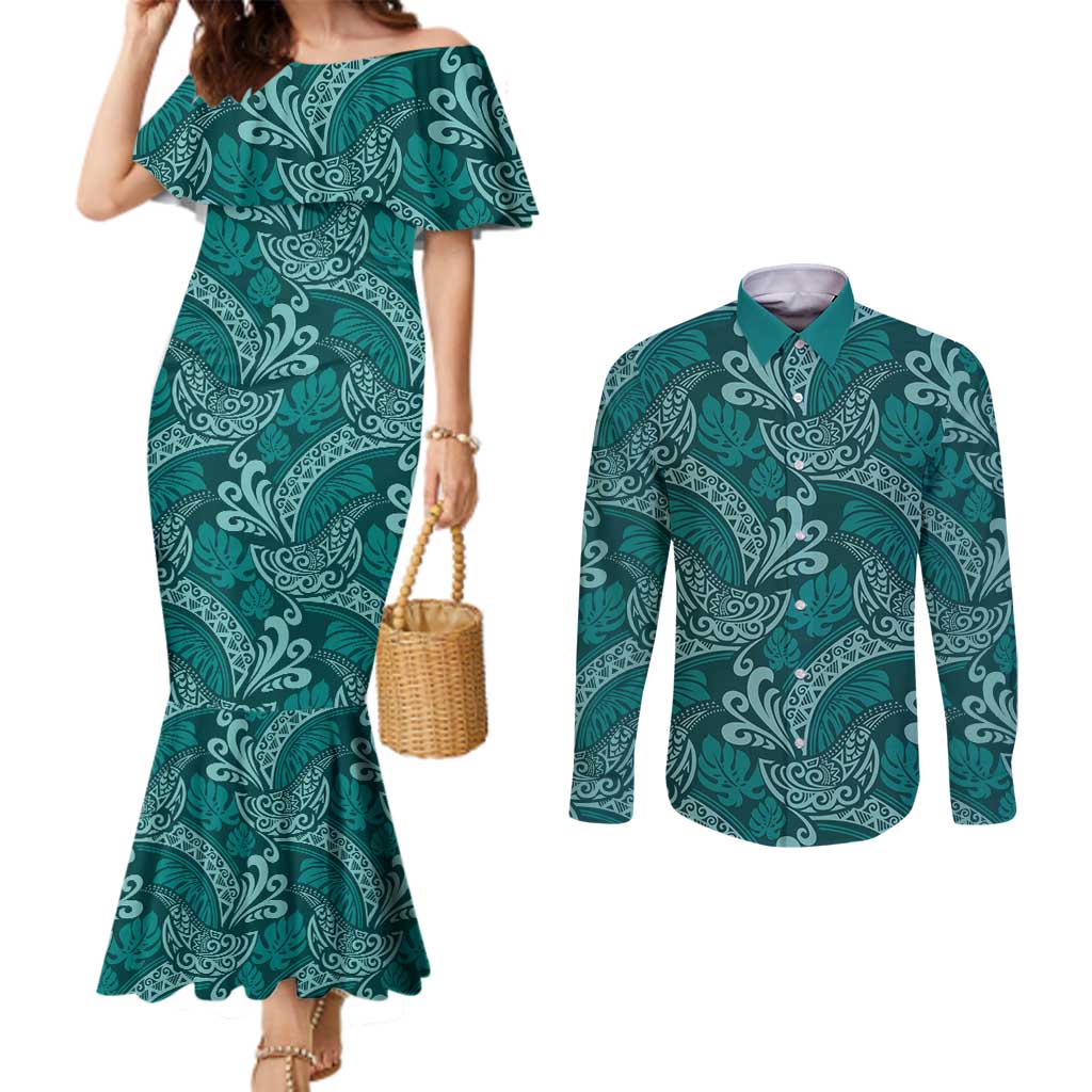 Teal Monstera Couples Matching Mermaid Dress and Long Sleeve Button Shirt Polynesian Tribal Pattern LT01 Teal - Polynesian Pride