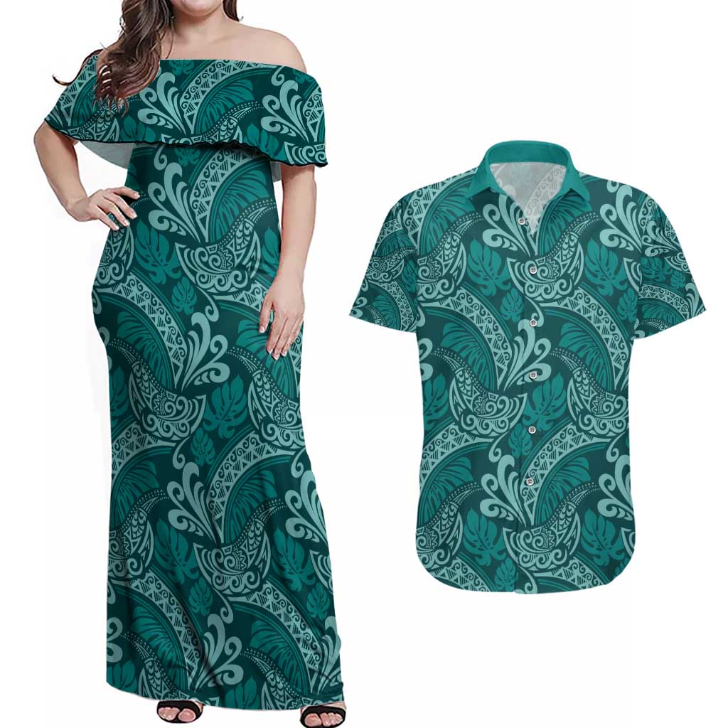 Teal Monstera Couples Matching Off Shoulder Maxi Dress and Hawaiian Shirt Polynesian Tribal Pattern LT01 Teal - Polynesian Pride