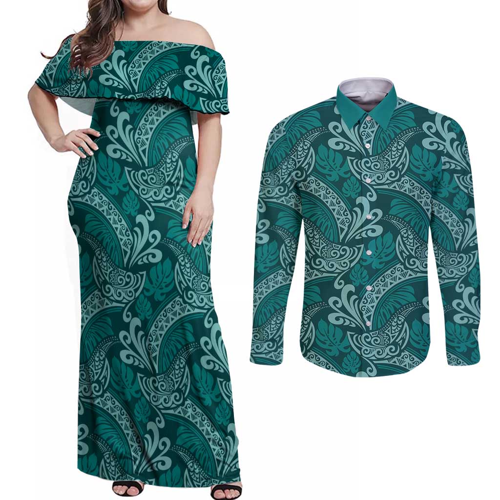 Teal Monstera Couples Matching Off Shoulder Maxi Dress and Long Sleeve Button Shirt Polynesian Tribal Pattern LT01 Teal - Polynesian Pride
