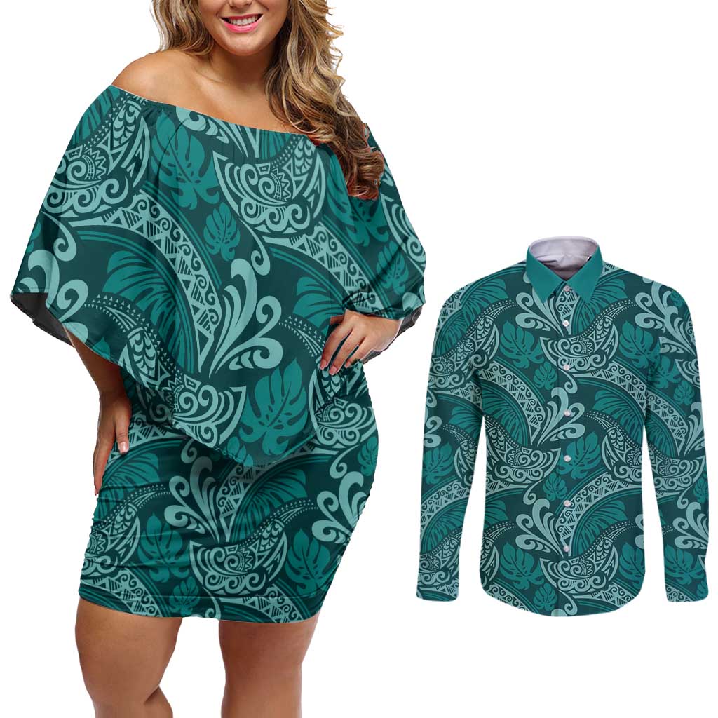 Teal Monstera Couples Matching Off Shoulder Short Dress and Long Sleeve Button Shirt Polynesian Tribal Pattern LT01 Teal - Polynesian Pride