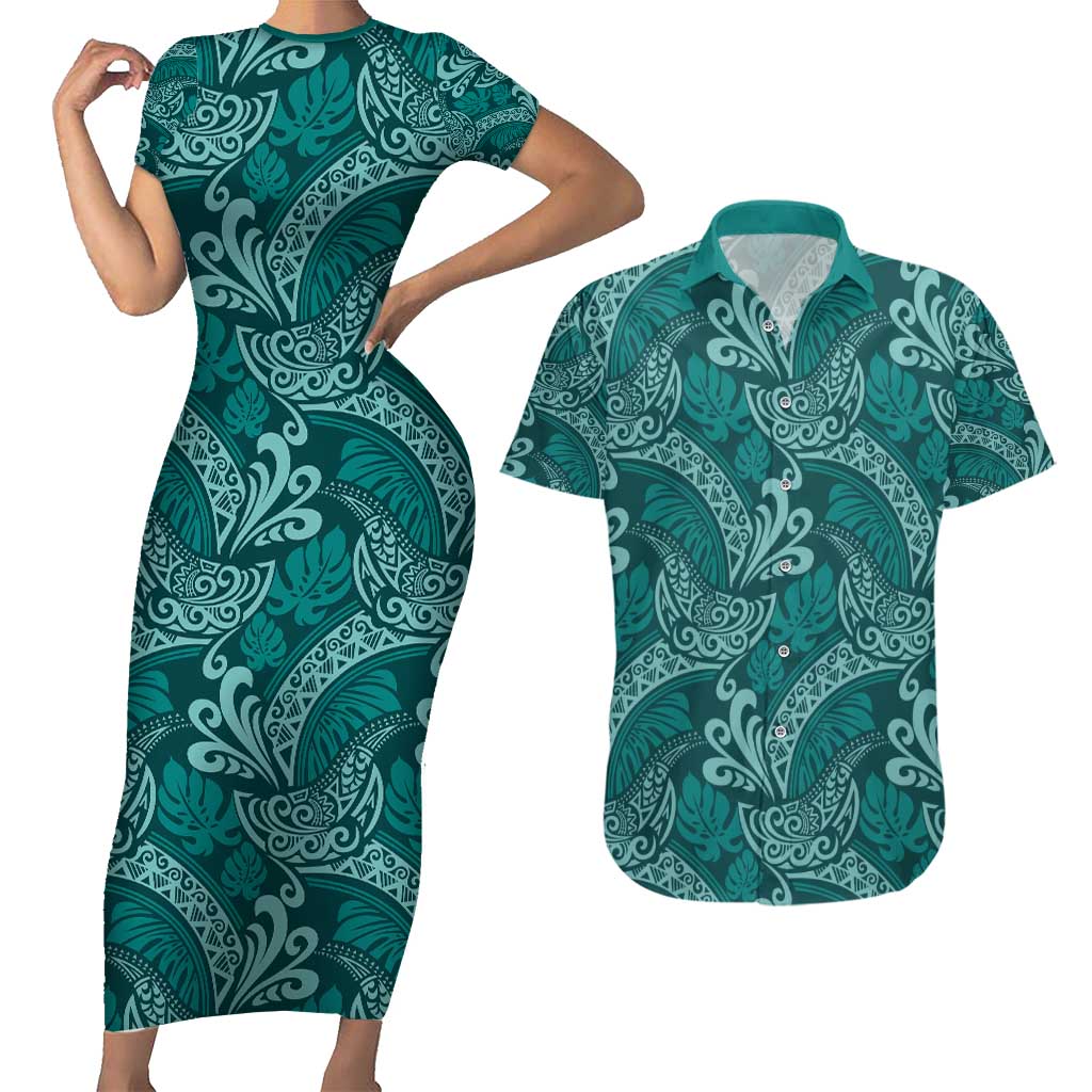 Teal Monstera Couples Matching Short Sleeve Bodycon Dress and Hawaiian Shirt Polynesian Tribal Pattern LT01 Teal - Polynesian Pride