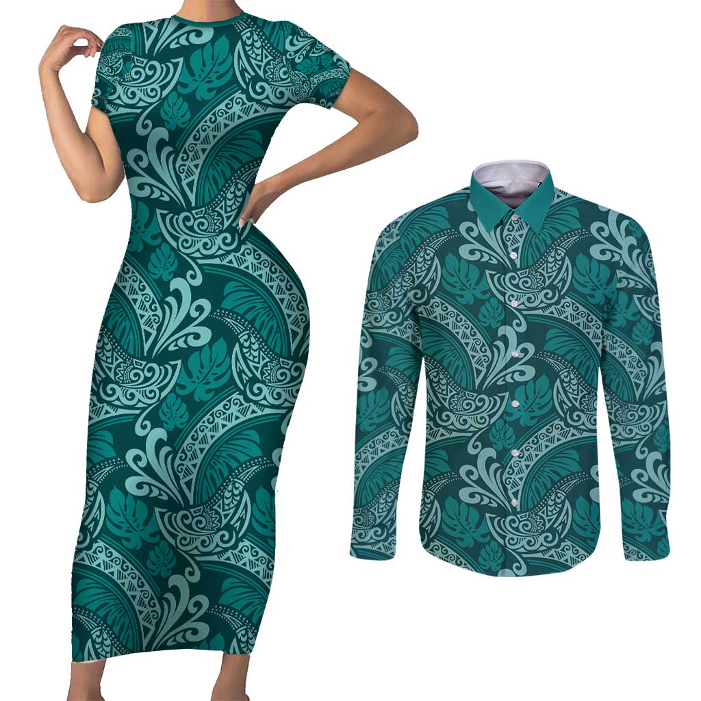 Teal Monstera Couples Matching Short Sleeve Bodycon Dress and Long Sleeve Button Shirt Polynesian Tribal Pattern LT01 Teal - Polynesian Pride