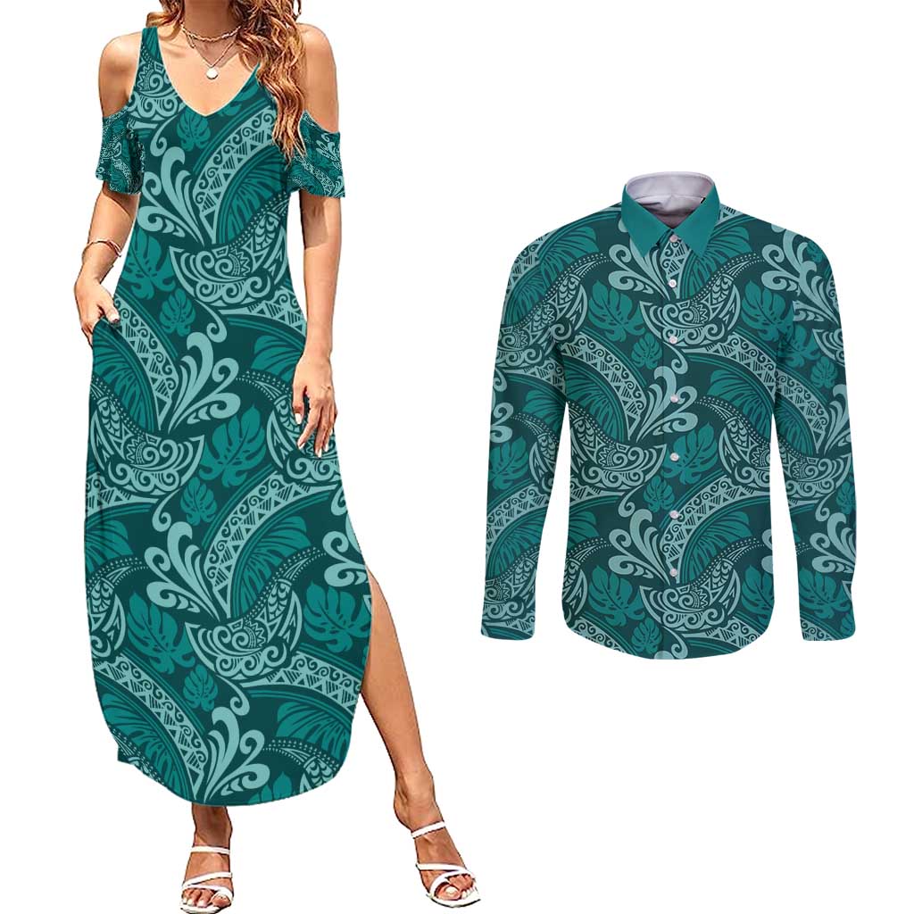 Teal Monstera Couples Matching Summer Maxi Dress and Long Sleeve Button Shirt Polynesian Tribal Pattern LT01 Teal - Polynesian Pride
