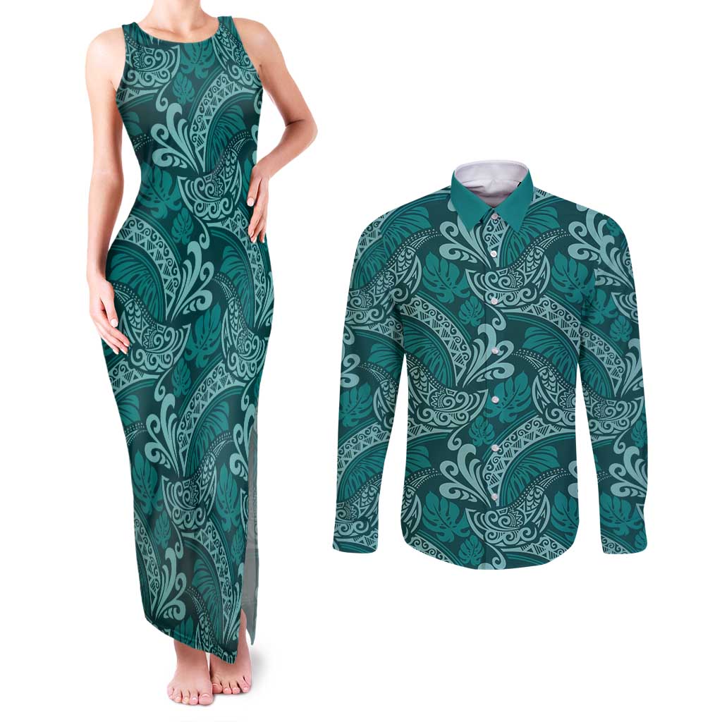 Teal Monstera Couples Matching Tank Maxi Dress and Long Sleeve Button Shirt Polynesian Tribal Pattern LT01 Teal - Polynesian Pride