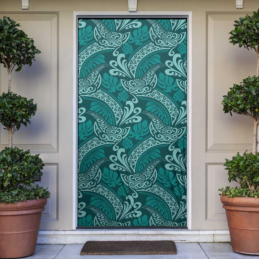 Teal Monstera Door Cover Polynesian Tribal Pattern LT01 Teal - Polynesian Pride