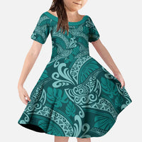 Teal Monstera Family Matching Long Sleeve Bodycon Dress and Hawaiian Shirt Polynesian Tribal Pattern - Polynesian Pride