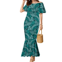 Teal Monstera Family Matching Mermaid Dress and Hawaiian Shirt Polynesian Tribal Pattern - Polynesian Pride