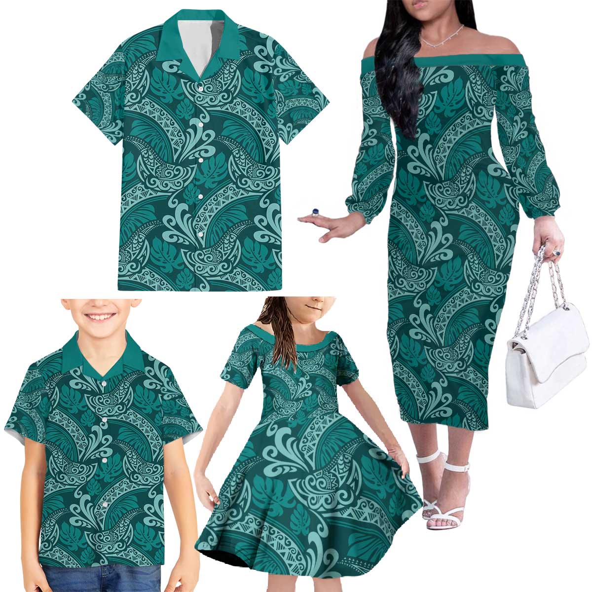 Teal Monstera Family Matching Off The Shoulder Long Sleeve Dress and Hawaiian Shirt Polynesian Tribal Pattern LT01 - Polynesian Pride
