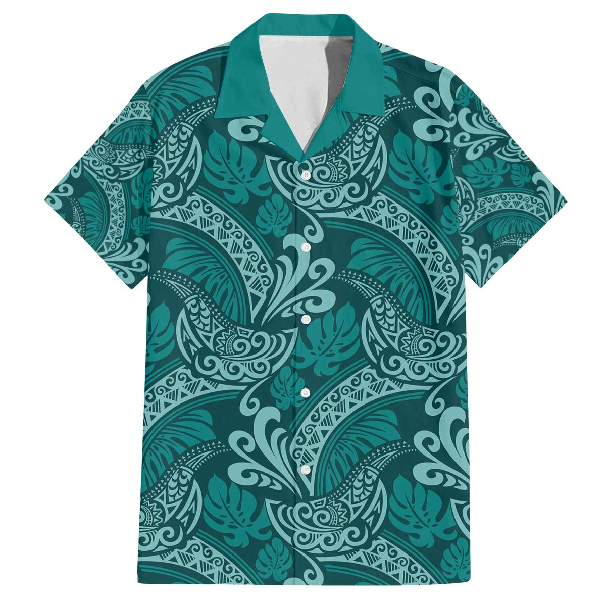 Teal Monstera Family Matching Off The Shoulder Long Sleeve Dress and Hawaiian Shirt Polynesian Tribal Pattern - Polynesian Pride