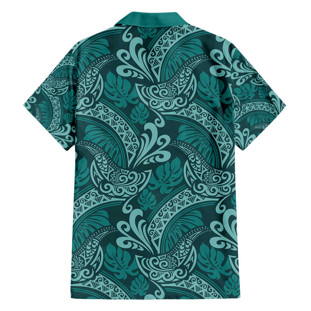 Teal Monstera Family Matching Off Shoulder Maxi Dress and Hawaiian Shirt Polynesian Tribal Pattern - Polynesian Pride