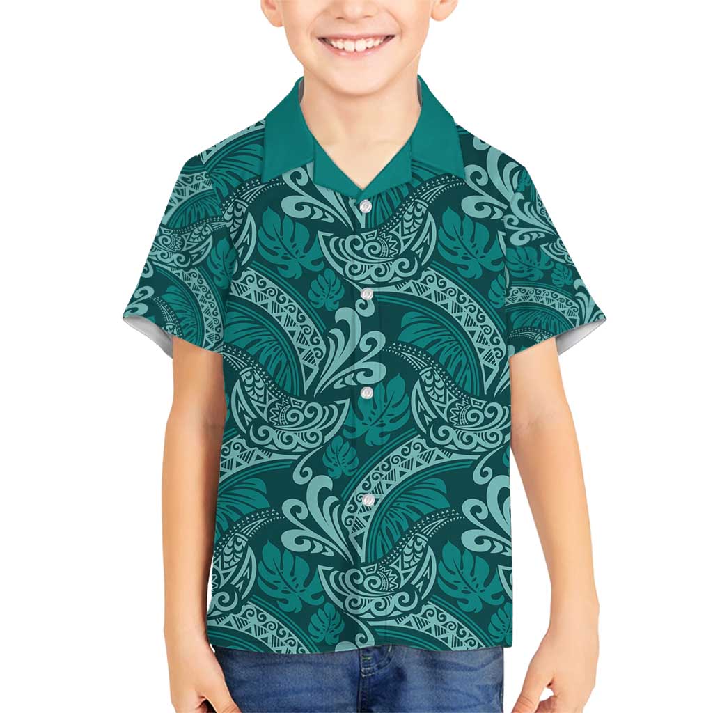Teal Monstera Family Matching Off Shoulder Maxi Dress and Hawaiian Shirt Polynesian Tribal Pattern - Polynesian Pride