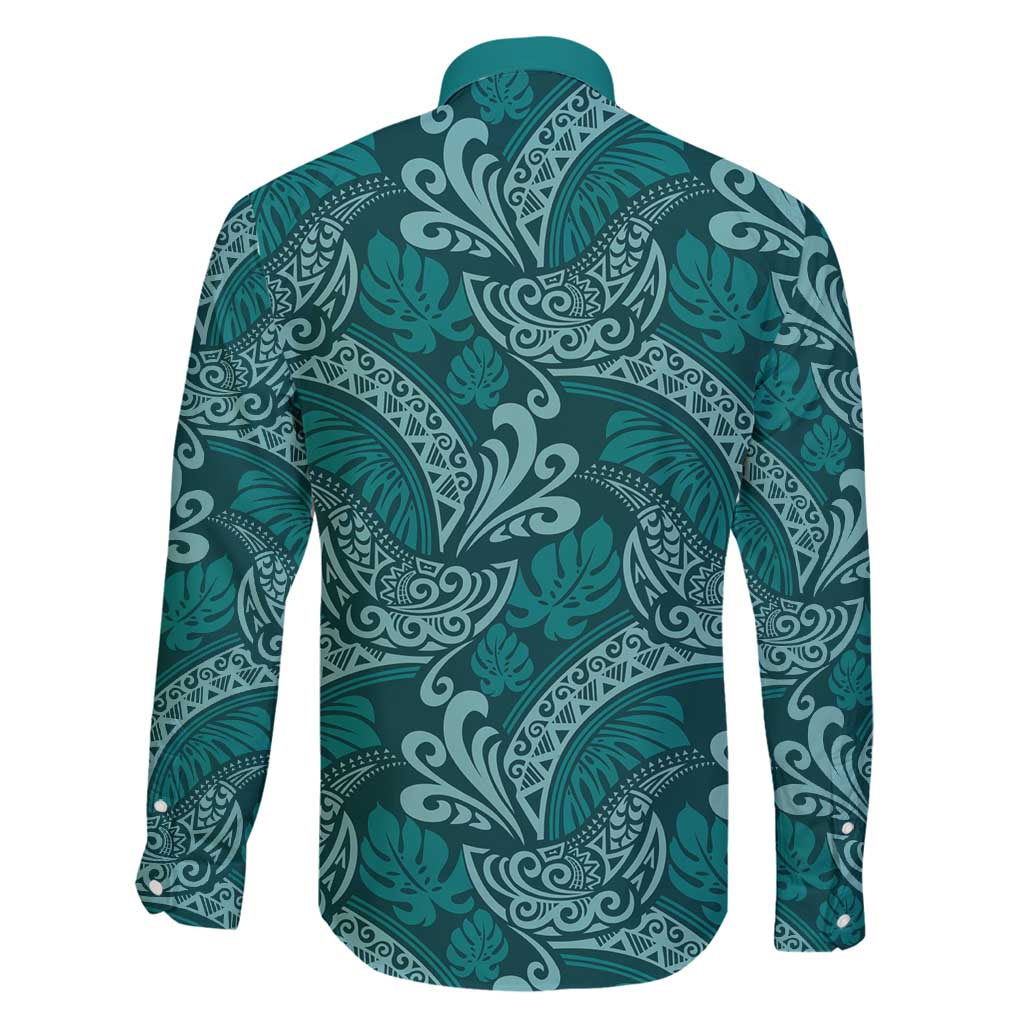 Teal Monstera Family Matching Off Shoulder Short Dress and Hawaiian Shirt Polynesian Tribal Pattern - Polynesian Pride