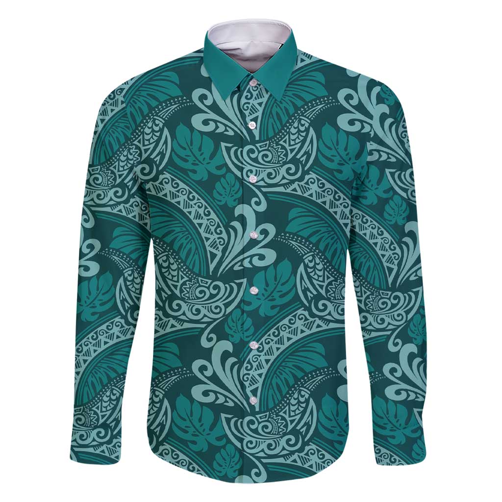 Teal Monstera Family Matching Short Sleeve Bodycon Dress and Hawaiian Shirt Polynesian Tribal Pattern - Polynesian Pride