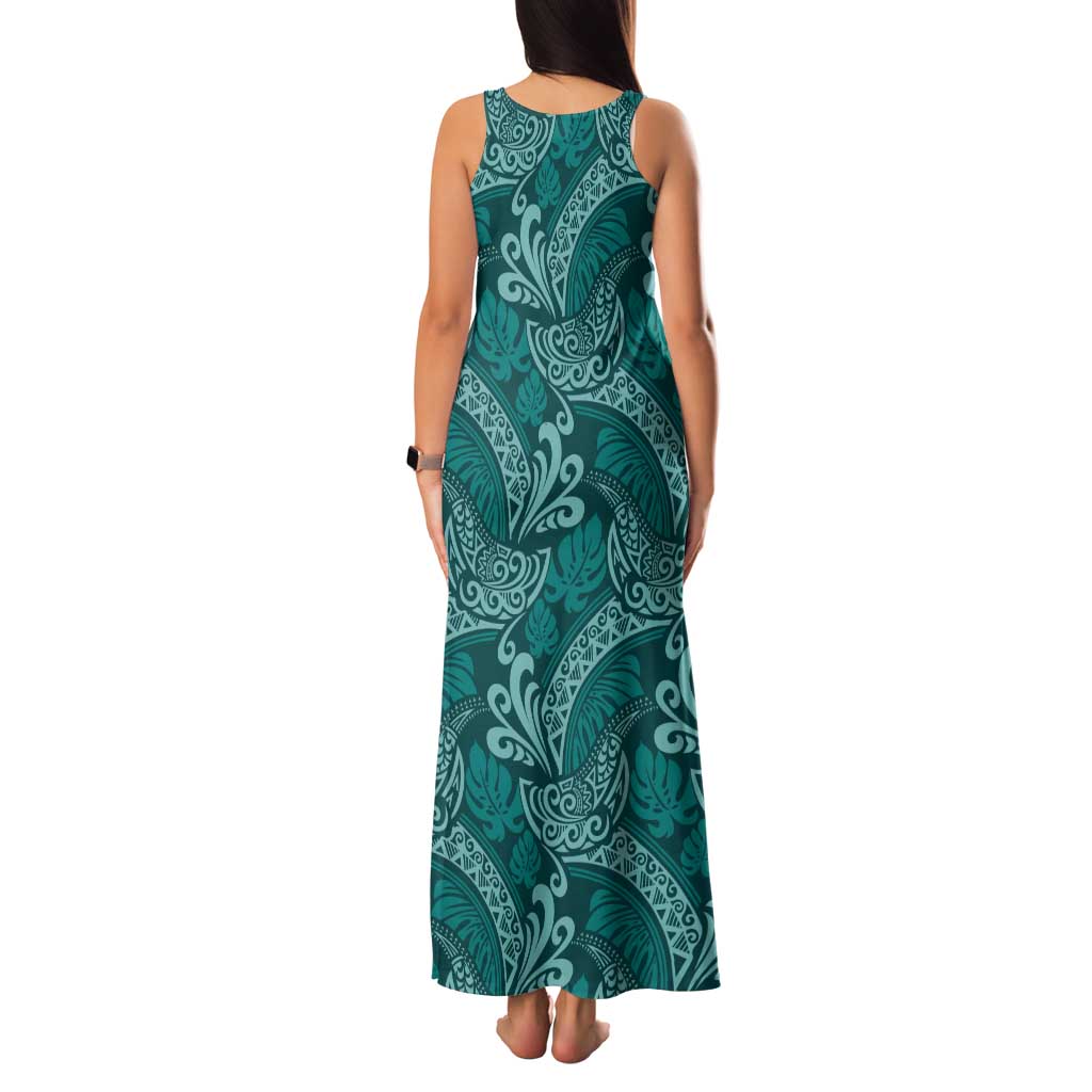 Teal Monstera Family Matching Tank Maxi Dress and Hawaiian Shirt Polynesian Tribal Pattern - Polynesian Pride