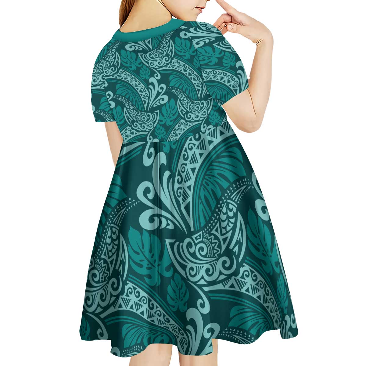 Teal Monstera Kid Short Sleeve Dress Polynesian Tribal Pattern - Polynesian Pride