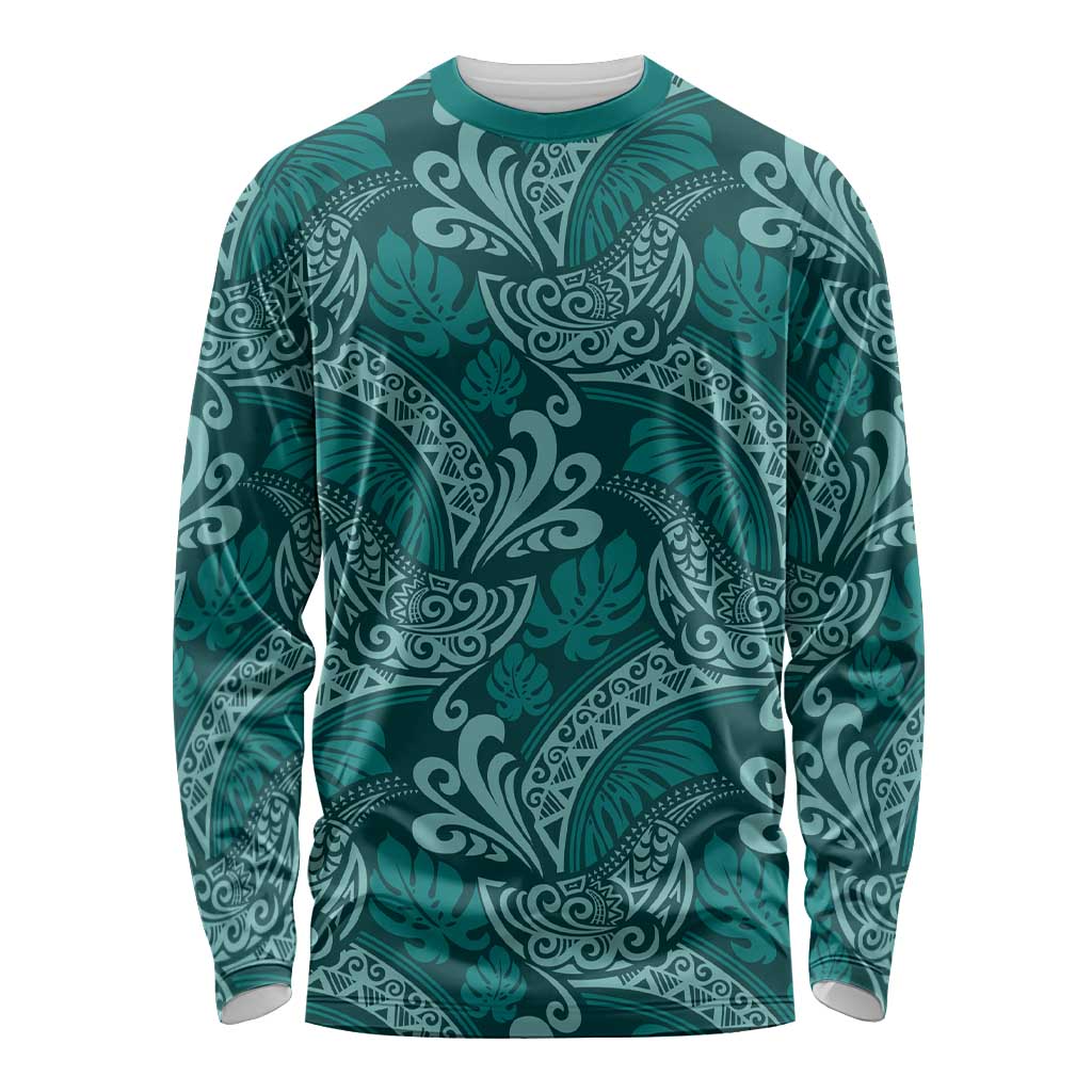 Teal Monstera Long Sleeve Shirt Polynesian Tribal Pattern LT01 Unisex Teal - Polynesian Pride