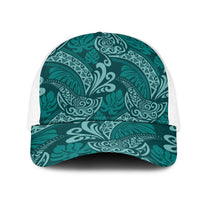 Teal Monstera Mesh Trucker Cap Polynesian Tribal Pattern - Polynesian Pride