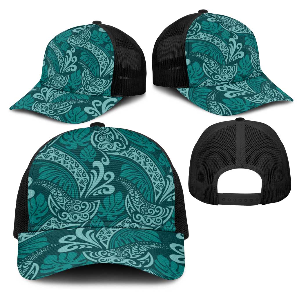 Teal Monstera Mesh Trucker Cap Polynesian Tribal Pattern - Polynesian Pride